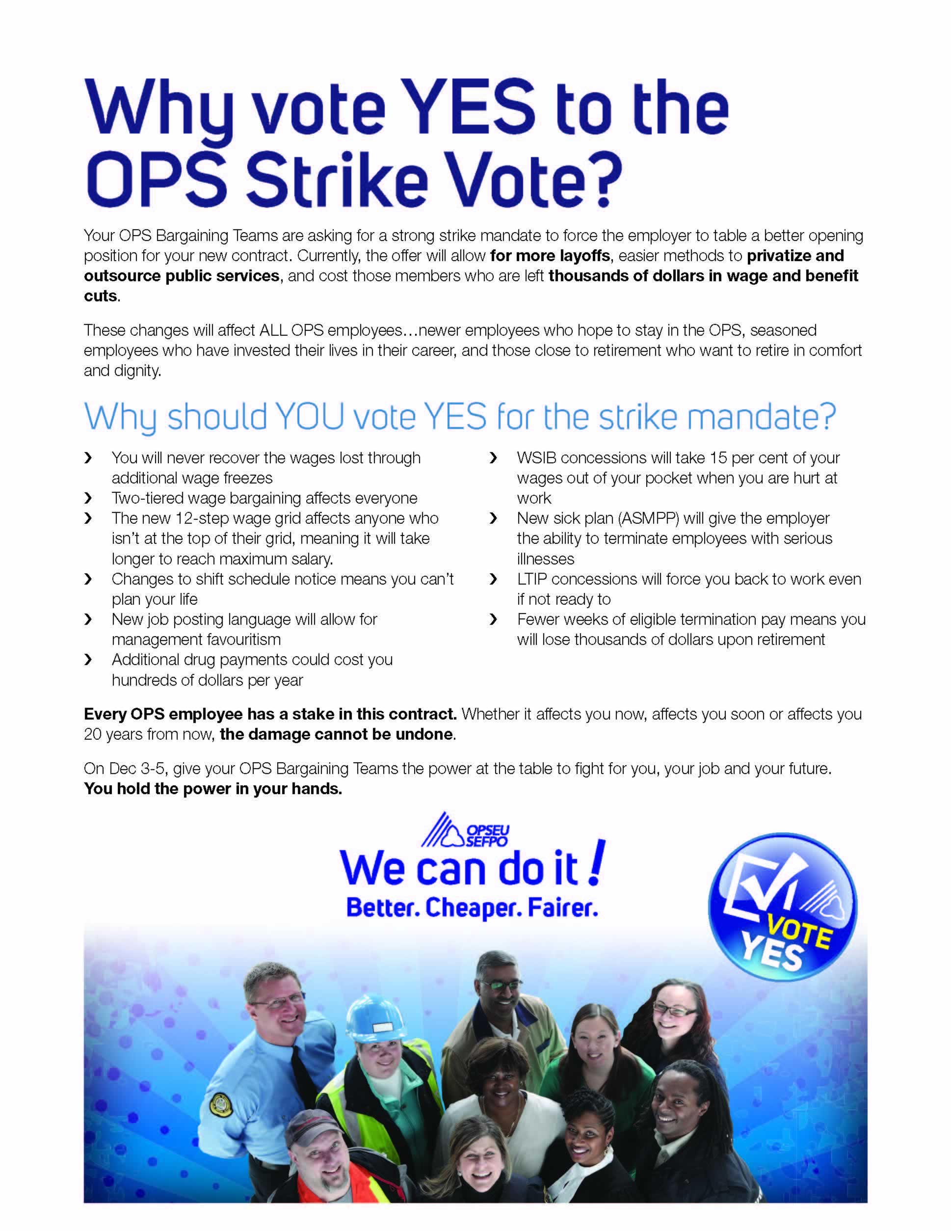 OPS flyer image. Why vote YES to the OPS strike vote?
