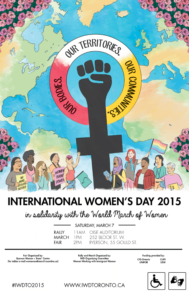 International Women's Day 2015. Our bodies, our territories, our communities. Illustration of diverse group of women holding signs