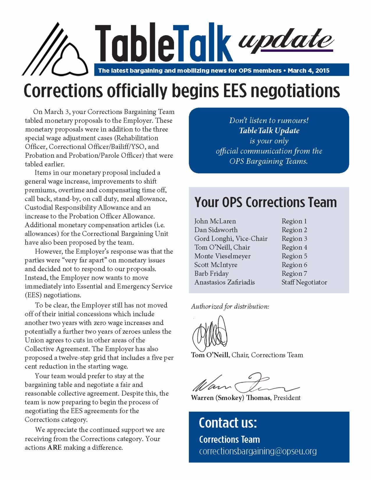 Table Talk Update: Corrections officially begins EES negotiations