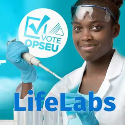 Vote OPSEU Life Labs. Image of young black woman with medical equipment