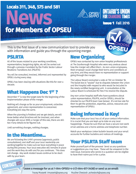 Newsletter cover, issue 1, fall 2016. PSLRTA staff organizing