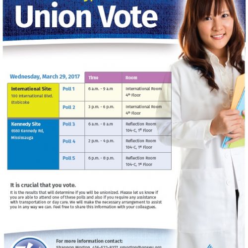Union Vote flyer. March 29, 2017. Photo of a health professional smiling.