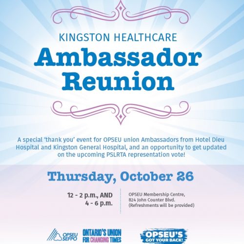 A blue-and-pink poster advertising the Kingston Health Care Ambassador Reunion.