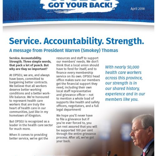 Cover page of OPSEU's got your back newsletter. Message from Smokey Thomas
