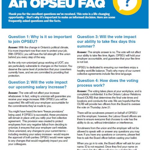 Frequently Asked Questions: An OPSEU FAQ. Cover page.