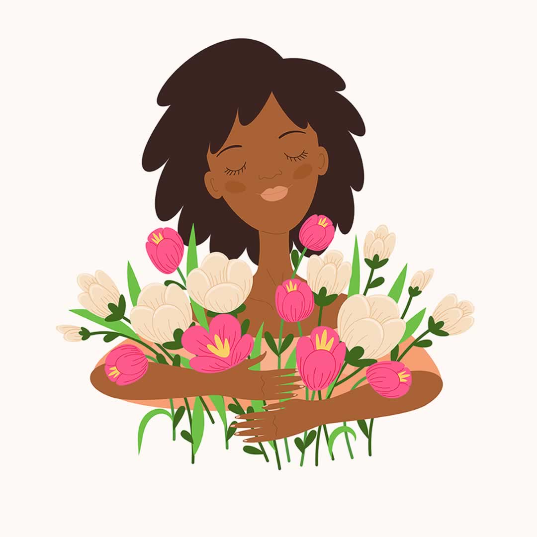 Illustration of a woman holding flowers.