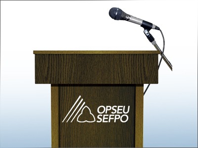 Podium with microphone and OPSEU SEFPO logo