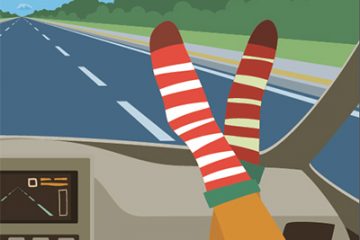 Illustration of a car passenger with their feet up on the dash