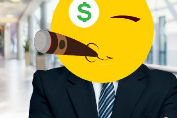 Businessman's face covered with emoji with money eyes and smoking cigar
