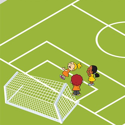 Illustration of children playing soccer, with one child lying on the ground hurt.