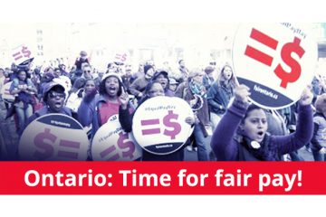 Large number of women protesting with caption "Ontario: Time for fair pay!"