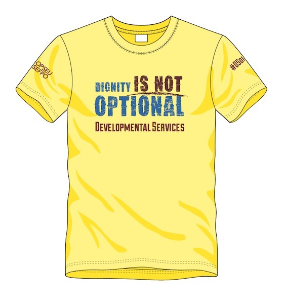 Illustration of a yellow t-shirt with the text: Dignity is not optional - OPSEU Developmental Services