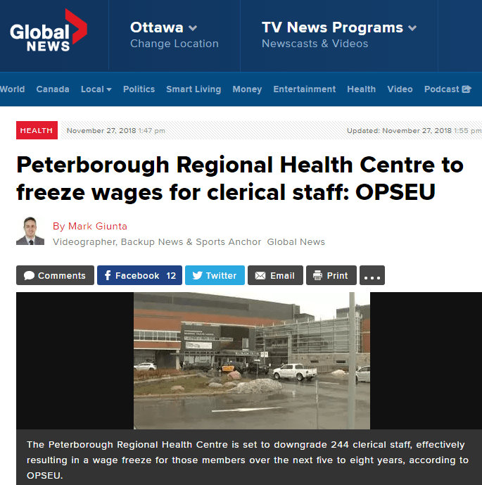 Global news headline: Peterborough Regional Health Centre to freeze wages for clerical staff: OPSEU