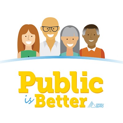 Illustration of four OPSEU members with the text: Public is Better OPSEU