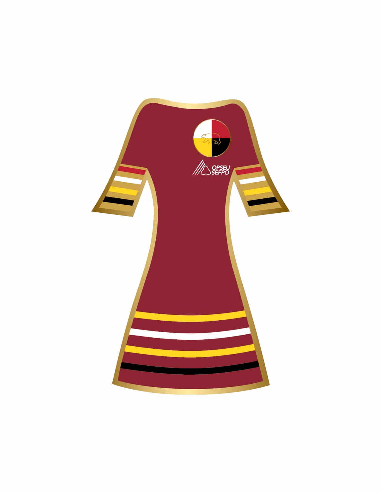 Illustration of a red dress with a Indigenous circle logo and an OPSEU SEFPO logo