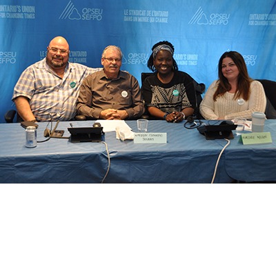 OPSEU President Warren (Smokey) Thomas and First Vice-President/Treasurer Eduardo (Eddy) Almeida with other panelists for the We Own It telephone town hall, Feb 28, 2017