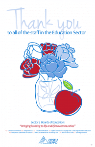 Thank you to all of the staff in the education sector. Illustration of flowers in a vase & an apple