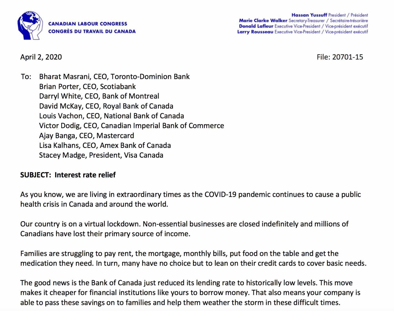 Letter to banks and credit card companies in Canada re: Interest Rate relief