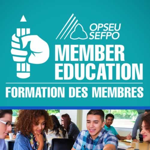 People takin a class and the Education/Formation des Membres logo