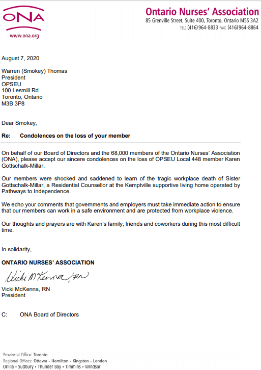 Letter of condolence from ONA on the passing of Karen Gottschalk-Millar