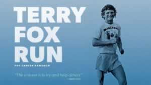 Terry Fox Run for cancer research with image of Terry Fox
