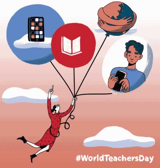 World Teachers' Day. Illustration of teacher holding balloons