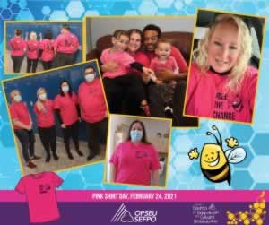 Collage of people wearing pink tshirts with Bees and text saying Bee the Change. Text saying Pink Shirt Day 2021 at the bottom of the collage.