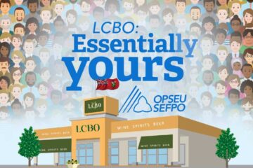 LCBO: Essentially Yours over an illustration of dozens of people behind an LCBO store