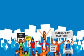 Cartoon graphic of people at rally with health and safety signs
