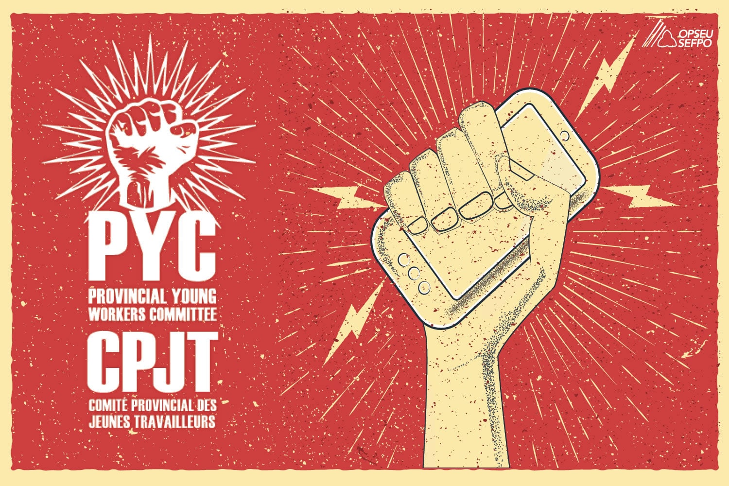 Illustration of a hand holding a cell phone. Provincial Young Workers Committee