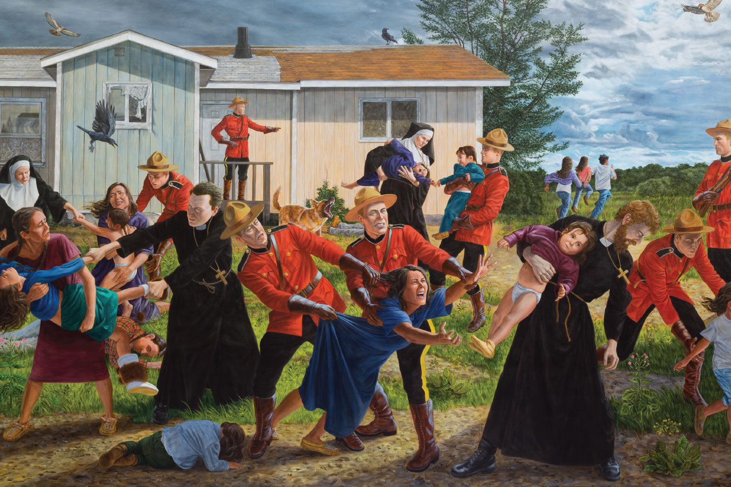 colourful Indigenous scene from 19th century depicting the catholic church separating young indigenous children from their parents and community