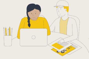 Illustration of two people at a table looking at a computer and paper documents.