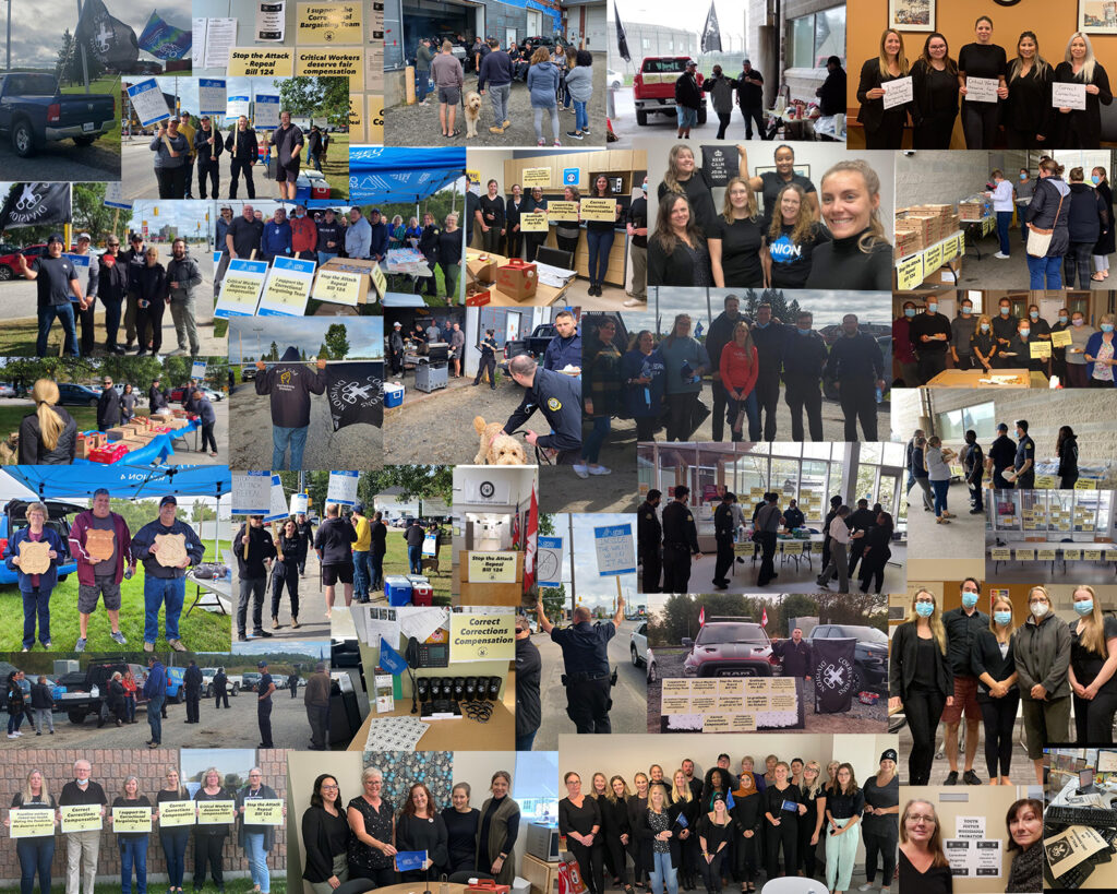 Image collage of Correctional Bargaining Unit members across the province holding events and info pickets in support of their bargaining team