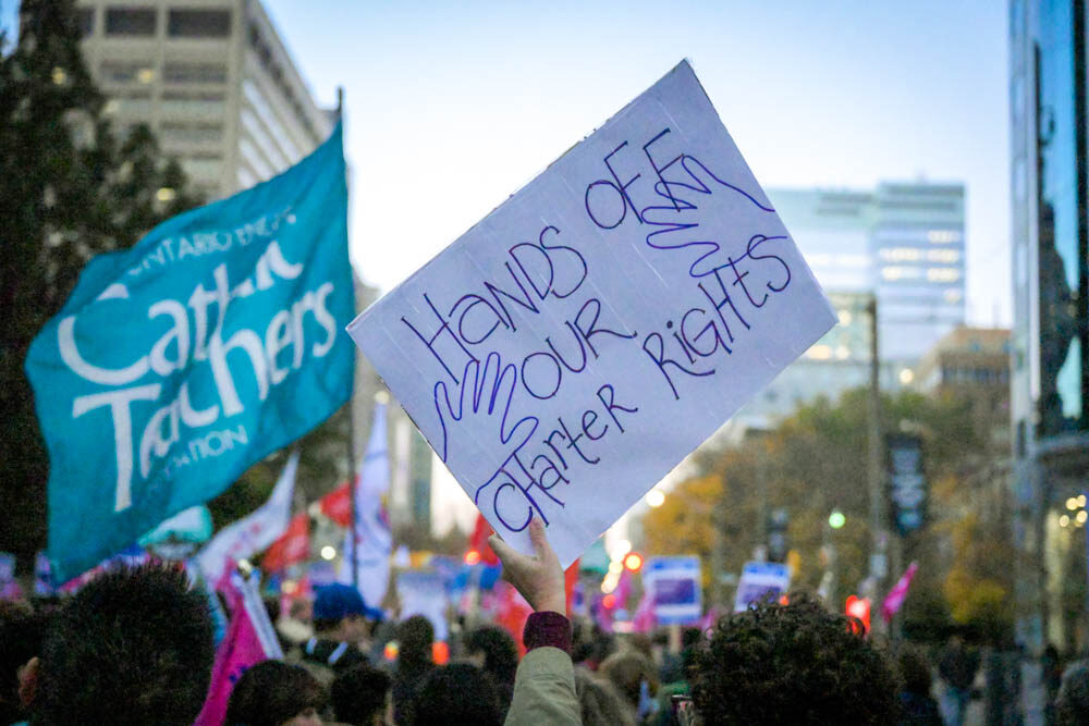 Sign reading 'Hands off our rights' at a rally