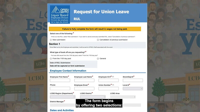 The online Request for Union Leave (RUL) form for LCBO workers