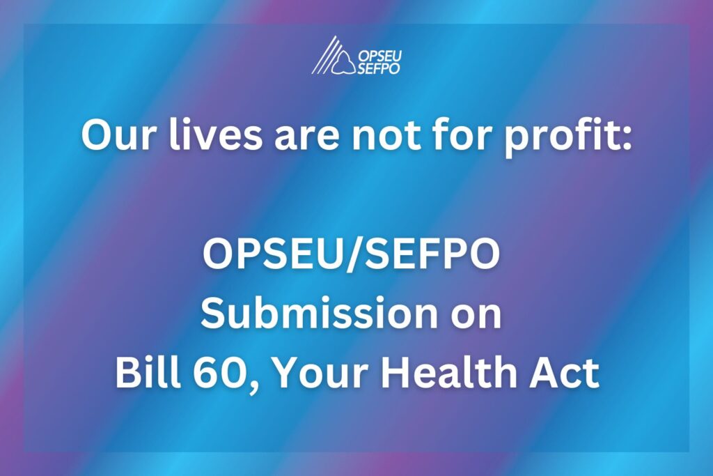 Our lives are not for profit: OPSEU/SEFPO submission on Bill 60, Your Health Act