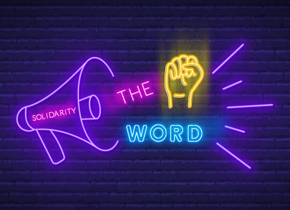 Neon megaphone and clenched fist with the caption 'The S Word,'