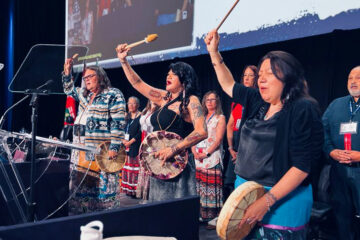 Three Indigenous drummers, including one-time OPSEU/SEFPO member Crystal Sinclair (r) take centrestage to open Convention 2023.