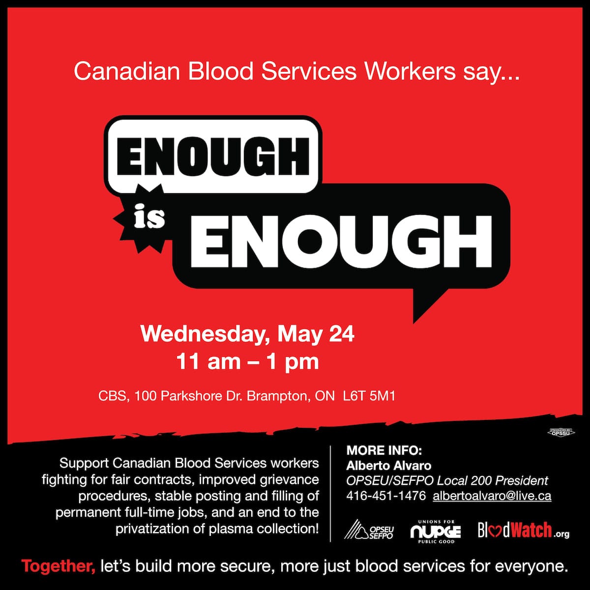 Canadian Blood Services Workers say “Enough is Enough” in Brampton