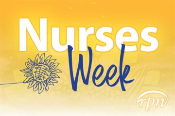 Text: Nurses Week; Yellow background with sunflower drawing
