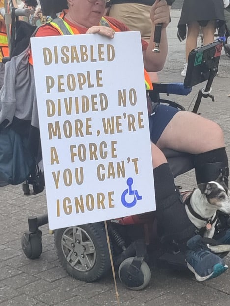 Protest sign reading Disabled people divided no more, we're a force you can't ignore