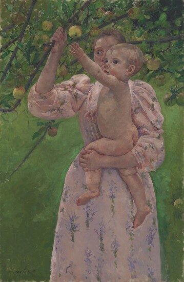 Mary Stevenson Cassatt painting, "Child Picking a Fruit". Impressionist painting of woman in a dress holding a baby, picking fruit from a tree.