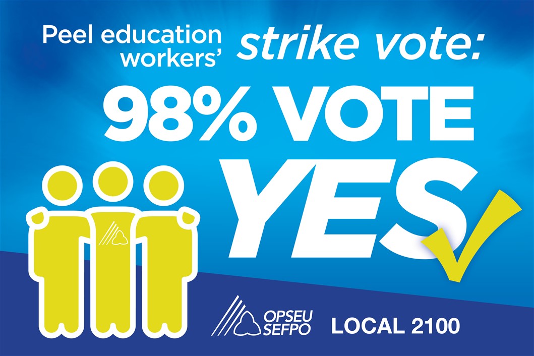 Image text: Peel education workers strike vote 98 vote YES OPSEU/SEFPO Local 2100
