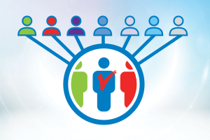 Figures, including a figure with a voting check on their chest