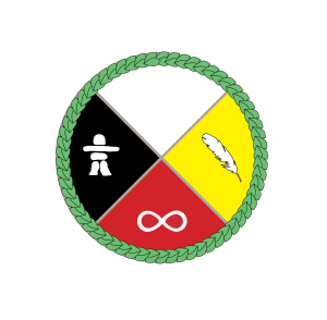 An Indigenous medicine wheel divided in four equal quarters, one black with an inukshuk, one red with a looped line, one yellow with a feather, and one white that is blank.