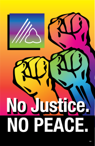 Three vibrantly colored fists raised together beside the OPSEU/SEFPO logo and the words No Justice No Peace