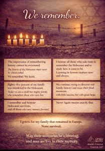 Memorial image for United Nations International Holocaust Remembrance Day. A row of lit memorial candles rests behind barbed wire at dusk, symbolizing remembrance and loss. A faint Star of David appears in the background. The headline reads “We remember.” Below are parchment-style text panels sharing reflections honouring Holocaust victims, survivors, and families who were murdered. At the bottom, text reads: “I grieve for my family that remained in Europe. None survived. May their memories be a blessing, and may we live in their memory.” The OPSEU/SEFPO Jewish Caucus logo appears in the lower right corner.