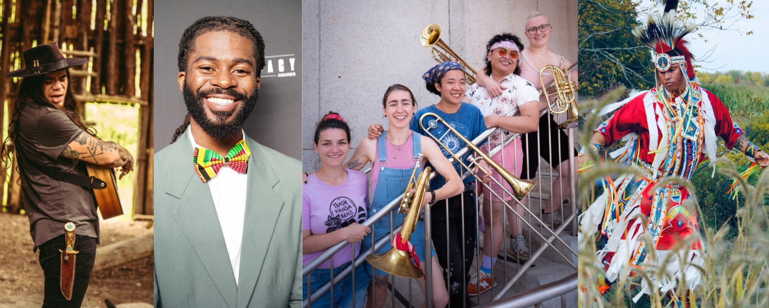 Collage of 4 pictures: Logan Staats playing a guitar and singing, portrait of Randall Adjei, five members of Trash Panda Brass holding their musical instruments, and one dancer from Tribal Vision Dance, wearing regalia and dancing outside in tall grass with a tree in background