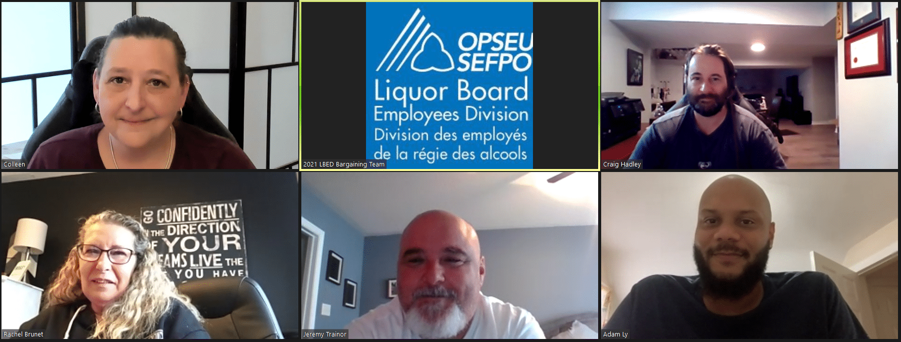 LBED bargaining team members (top left to bottom right) Colleen MacLeod, Craig Hadley, Rachel Brunet, Jeremy Trainor, and Adam Ly. LBED bargaining team members (top left to bottom right) Colleen MacLeod, Craig Hadley, Rachel Brunet, Jeremy Trainor, and Adam Ly.