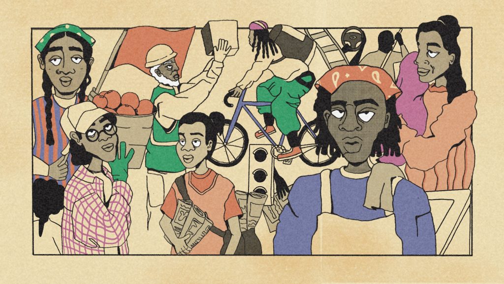Drawing - a collage of many people doing various labour activities
